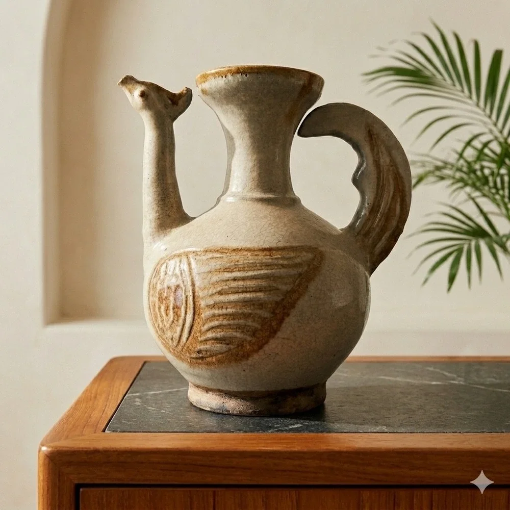 Vintage Thai Sawankhalok Style Bird Ewer Celadon Glaze Pottery Goose Pitcher 8